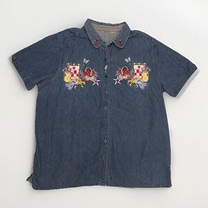 Vtg 80s 90s Denim Embroidered Button Down Denim Shirt Womens Large Cherries